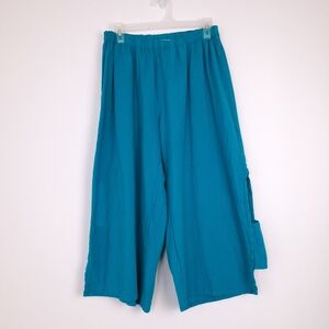 Oh My Gauze! wide leg elastic waist crop pants Lagenlook coastal beach turquoise